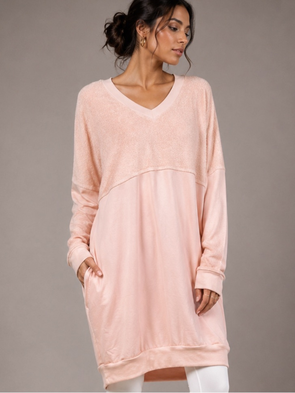 LA Made Peach Mixed Media V-Neck Tunic Sweatshirt Dress S Cotton Modal